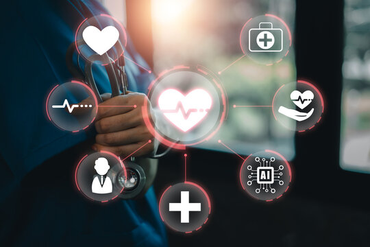 Digital healthcare monitoring concept with AI, heart rate, ECG, patient data and medical technology for real time health monitoring and intelligent care.