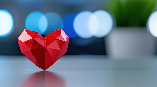 Vibrant red geometric heart stands out against blurred blue background, symbolizing love and affection