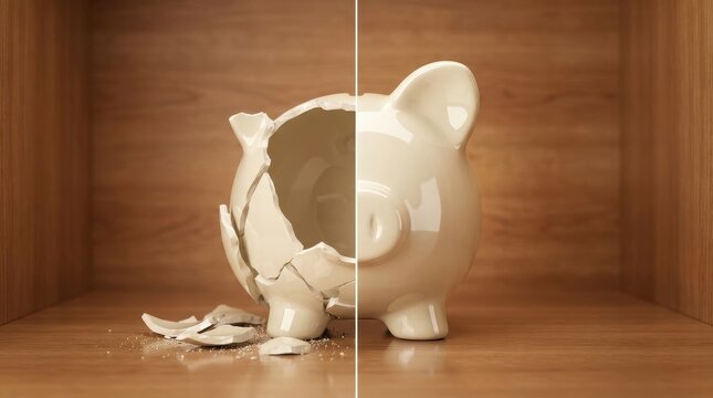 Shattered and Intact Piggy Bank on Wooden Shelf Representing Financial Concepts