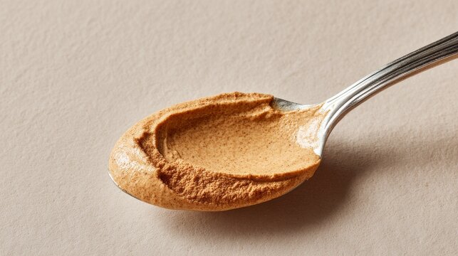 Spoonful of creamy peanut butter or almond paste close up