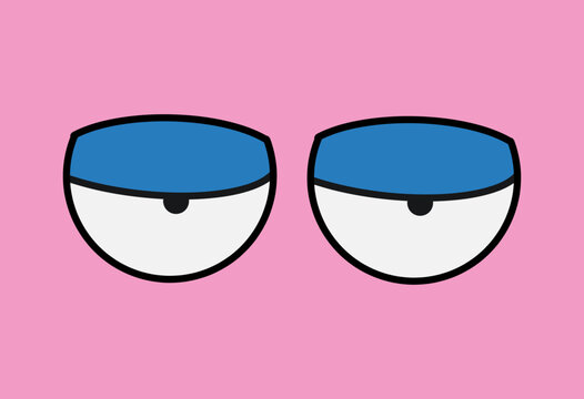 Vector Illustration of a Pair of Big White Eyes with Blue Eyelid on Pink Background. Tired, Ironic Sight, Sarcastic, Nonchalant Icon Concept