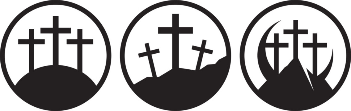 Set of black circular icons featuring three Christian crosses on Calvary hill for religious design
