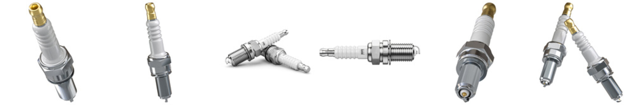 A comprehensive collection of modern automotive spark plugs, showcasing various angles and arrangements.