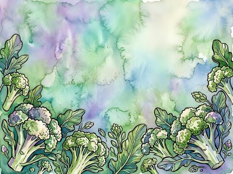 Fresh broccoli border framing a soft watercolor background