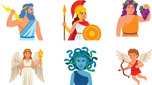 Greek Mythology Vector Character Set Featuring Zeus Athena Dionysus Angel Medusa and Cupid Illustrations