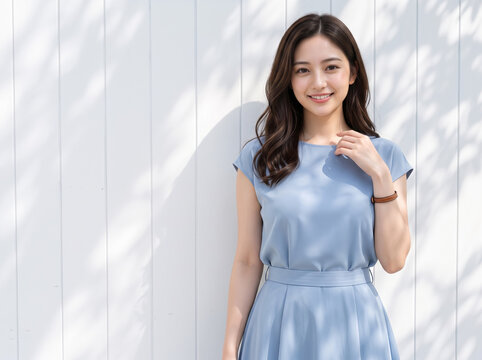 白い木目調の壁を背に、水色のセットアップを着て首元に手を添える女性