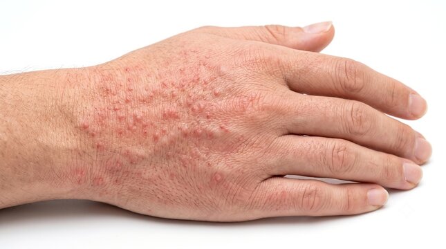 Close up view of male hand dorsum showing widespread papular skin rash and eczema