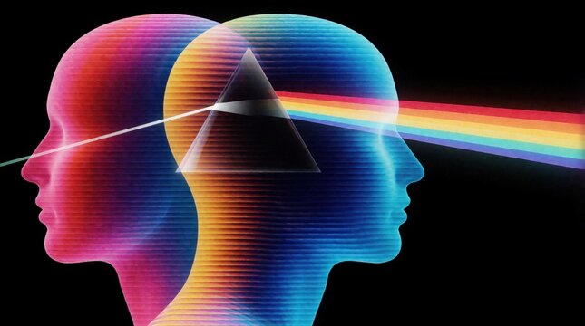 Abstract digital art shows two human head profiles. White light beam passes through glass prism inside mind, creating rainbow spectrum. Colorful spectrum lines illuminate blue, pink faces. Concept of