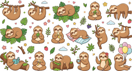 Obraz premium Cute Cartoon Sloth Character Clip Art Collection with Funny Animals Sleeping Reading Eating Banana Hanging on Trees and Holding Balloons for Children Design
