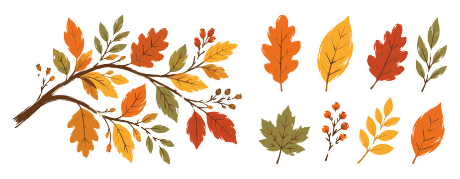 Colorful autumn branch vector illustration with fall leaves, cartoon botanical twig, seasonal nature plant, flat decorative foliage design