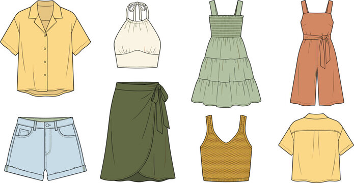 Clothing collection vector illustration of shirts skirts shorts and tops on white background