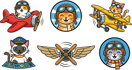 Cute Aviator Cat Character Vector Sticker Set Featuring Kitten Pilots Flying Retro Planes, Biplanes, Wearing Helmets, Goggles, and Aviation Badges © MstAkhlima