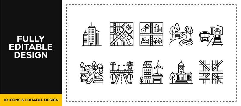 flat vector illustration line art icon bundle set design representing urban planning city buildings skyscrapers and construction maps for modern architectural dev