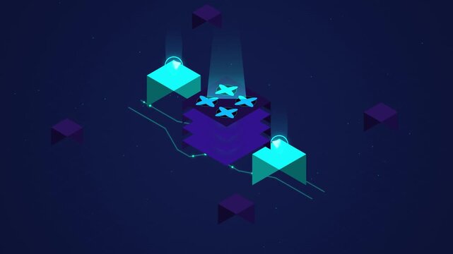 3D Isometric Artificial Intelligence Data Node Animation with Glowing Holographic Cloud Storage Blocks