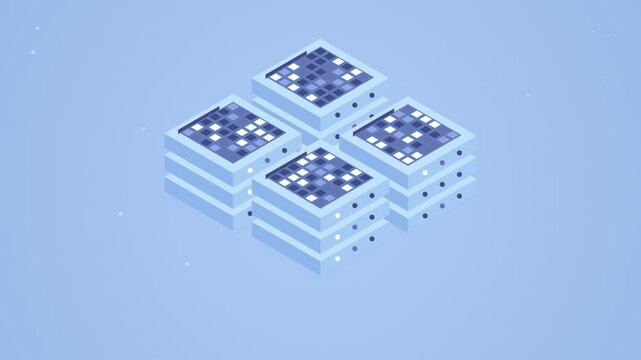 3D Isometric Data Center Server Farm Animation with Light Blue Cloud Storage Towers