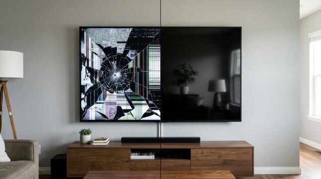 Severely Damaged Television Screen with Shattered Left Half and Working Right Side