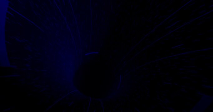 Abstract glowing blue neon tunnel background with dynamic camera motion and streaming light particles. 4K 3D Animation.
