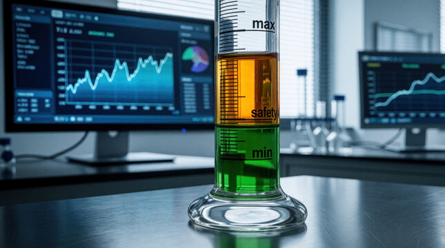 Glass graduated cylinder with green, orange liquid sits on lab table. Computer monitors show data charts in background. Scientific research concept with safety levels marked on glass. Laboratory