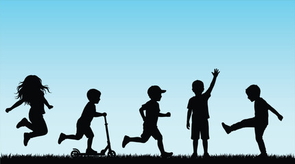 Active children silhouettes playing outdoors, happy kids jumping and running on grass, childhood summer fun vector illustration