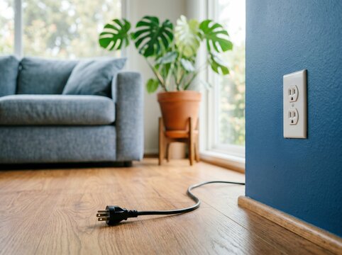 青い壁のリビングルームに電源プラグが置かれコンセントがある