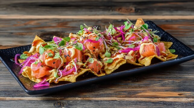 Gourmet salmon poke nachos with pickled onions and spicy mayo