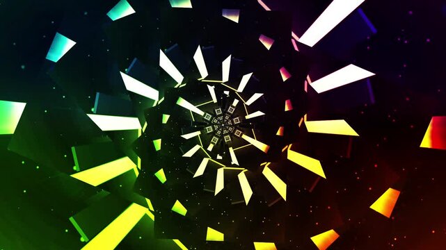Neon geometric shapes explode through a colorful futuristic tunnel.