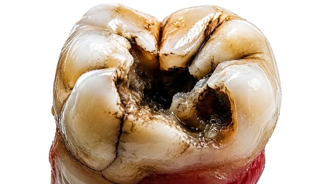 Severely decayed human molar tooth with extensive dental caries and damaged enamel showing deep cavity isolated on white background