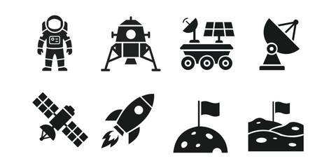 Space exploration glyph icon set featuring astronaut, lunar lander, space rover, satellite dish, rocket, and moon flag vector graphics © Yasmin
