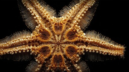 Detailed view of sea star oral side showing tube feet against black