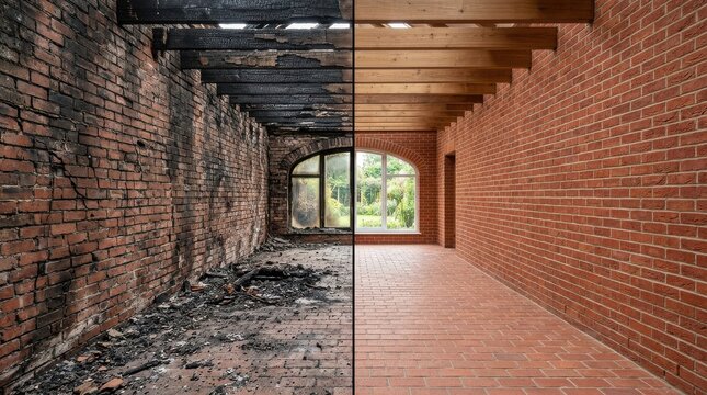 Burnt House Interior Split View Showing Before And After Renovation