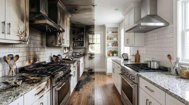 Split View of Burnt and Clean Modern Kitchen After Fire Damage