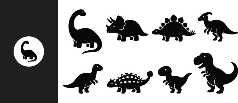 cute dinosaur silhouette vector set black cartoon prehistoric animal icons isolated on white background