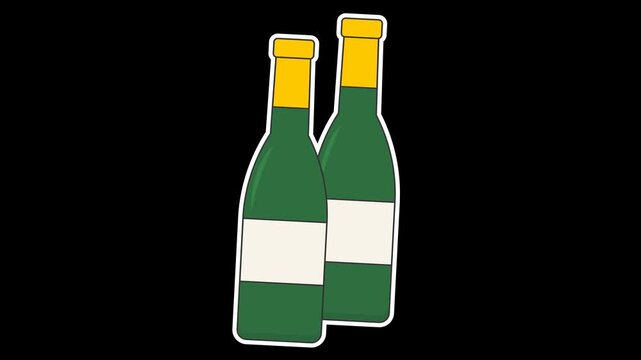 Seamless loop animation of two swaying wine champagne bottles. Minimalist flat style sticker icon graphic element isolated on transparent alpha channel background for party and event assets.