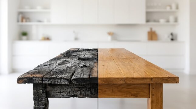 Wooden Table Before After Fire Damage Restoration Concept