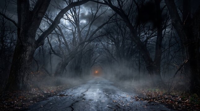 Haunted Forest Road: An eerie and atmospheric forest road shrouded in mist, with gnarled, leafless trees arching overhead, leading to a faint, ominous light in the distance.