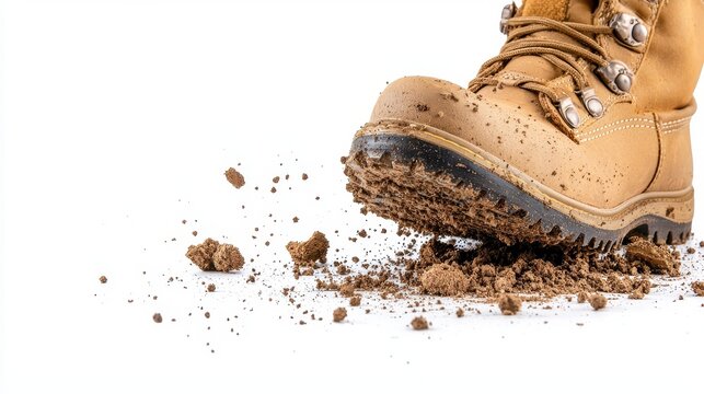 Close up of rugged boot stepping on dirt, showcasing texture and detail of footwear. image conveys sense of adventure and outdoor activity