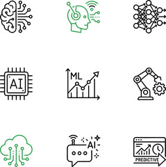 Fototapeta premium Artificial Intelligence Icon Set with AI Technology, Machine Learning, Robotics, Neural Network, Cloud Computing, Analytics, and Digital Innovation Symbols