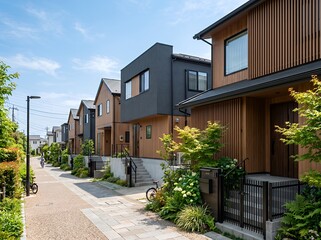 Fototapeta premium デザイン性の高い戸建てが並ぶ住宅街と青空が広がる街並み