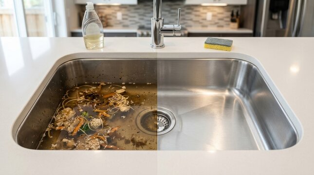 Split Image Comparison of Dirty and Clean Stainless Steel Kitchen Sink