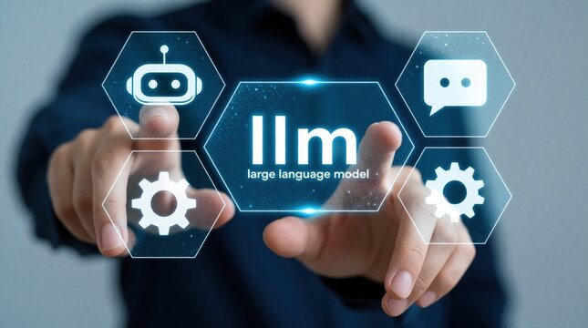 Person interacts with large language model interface featuring AI and data icons. Future tech, machine learning, and AI development concept.
