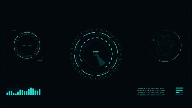 Futuristic Sci-Fi HUD Control Panel Interface with Animated Radar Dial and Data Analytics