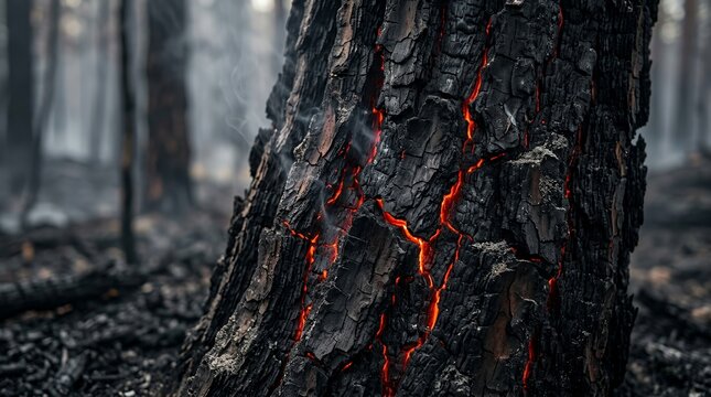 Charred pine tree bark with glowing red embers after a forest fire disaster.