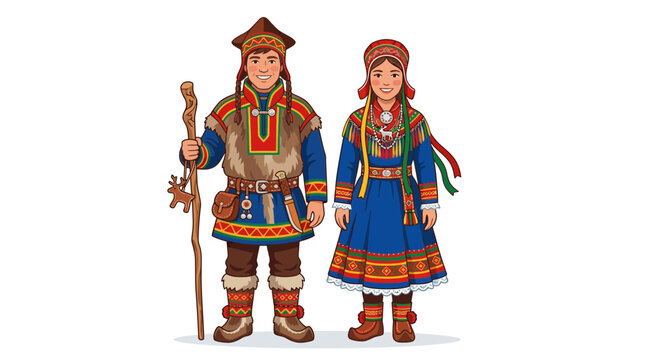 Sami couple wearing traditional indigenous Arctic Gakti clothing.
