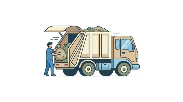 Sanitation worker loading trash bags into municipal garbage truck.