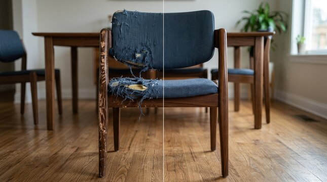 Split View of a Dining Chair Before and After Upholstery Repair and Restoration