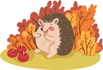Hand drawn cute hedgehog smiling under autumn bushes with apples
