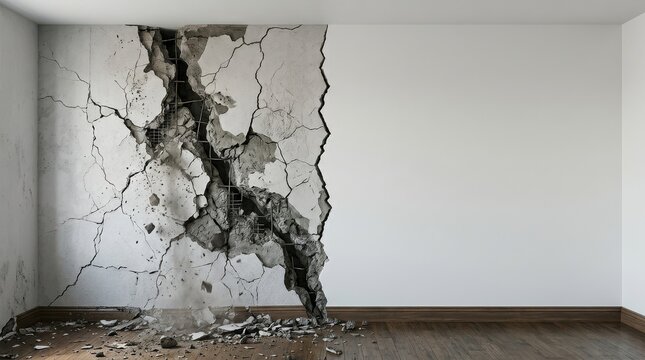 Interior Wall Split Showing Earthquake Damage with Concrete and Rebar