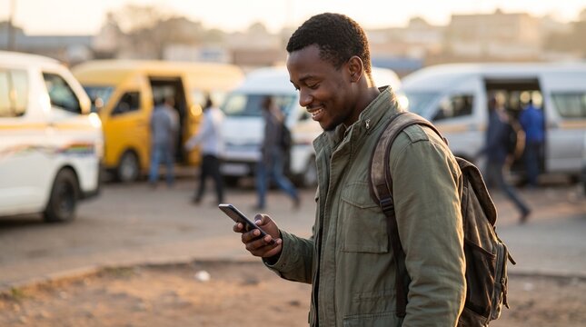 Commuter checking his phone while waiting at a busy taxi rank