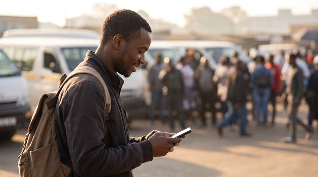 Commuter checking his phone while waiting at a busy taxi rank