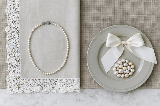 Classic pearl necklace on lace linen with ivory satin ribbon bow and pearls on plate, elegant bridal flat lay.
